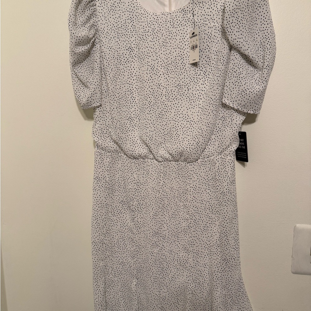 Polka Dot Puff Sleeve Midi Dress - White/Black